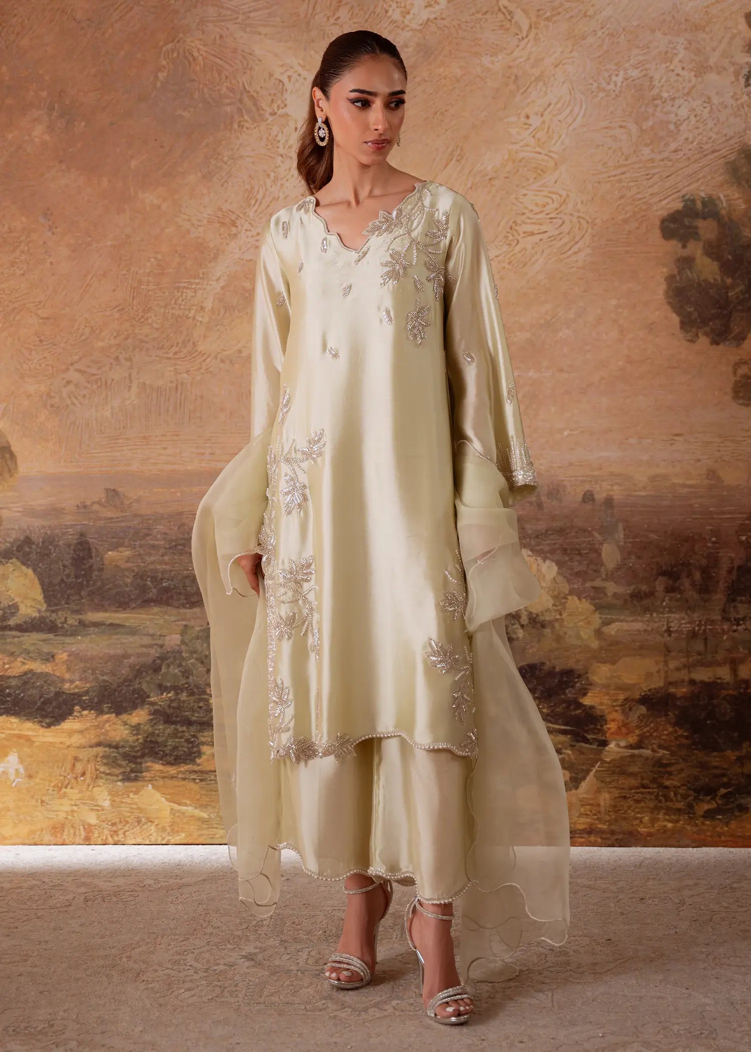 Dalia Mint Green sheesha silk kurta with floral vine embroidery