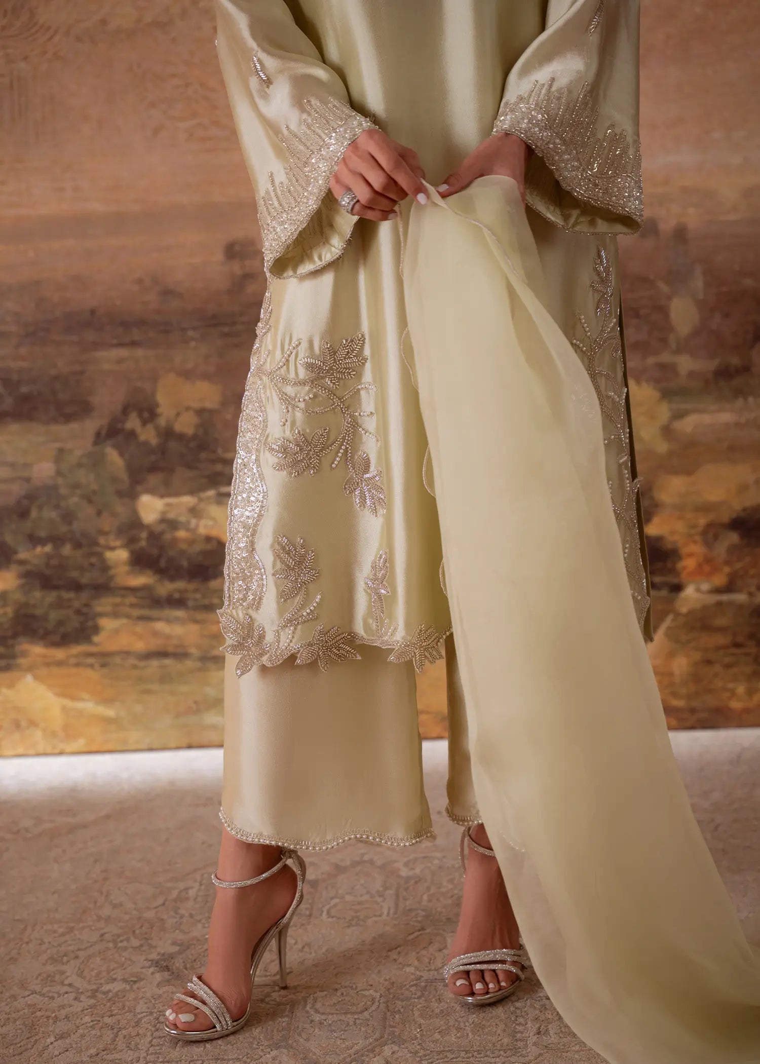Dalia Mint Green sheesha silk kurta with floral vine embroidery