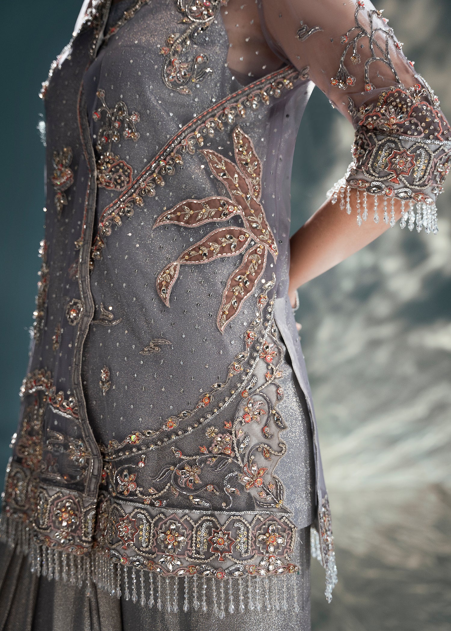 Dusty Grey tulle jacket ensemble with lamé skirt