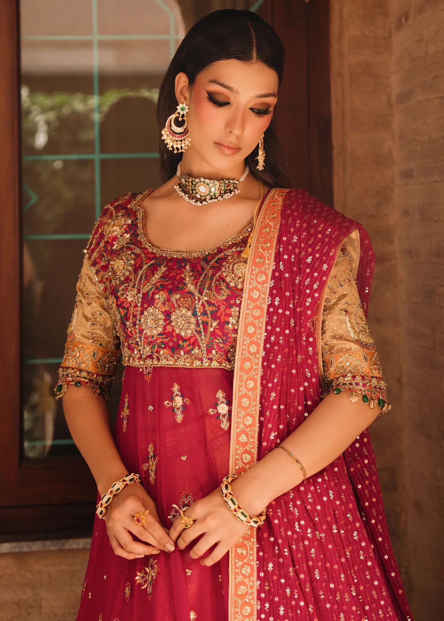 Fuschia Naaz tussel silk kalidar with mukesh net dupatta