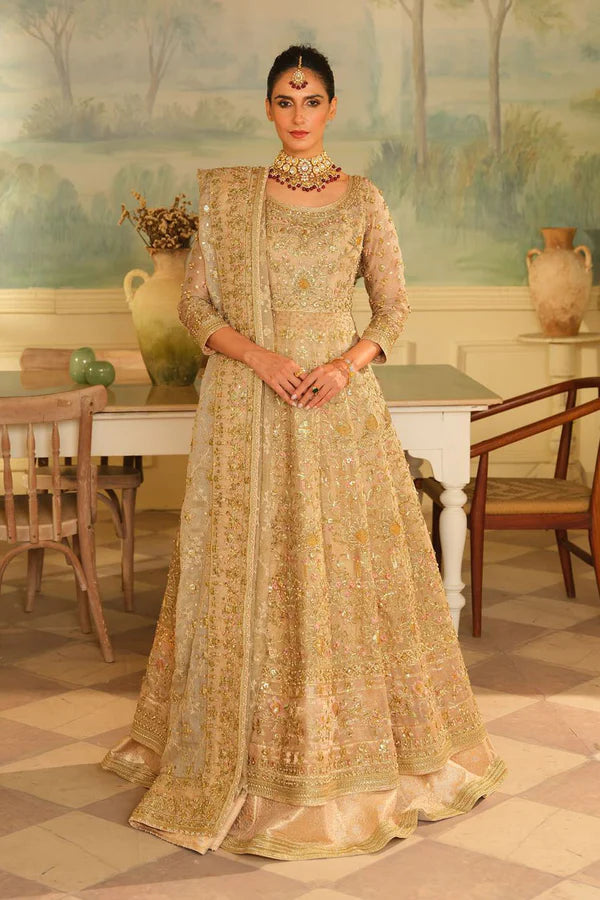 JEEM Golden Bridal champagne and gold three piece bridal outfit with pearl and crystal work