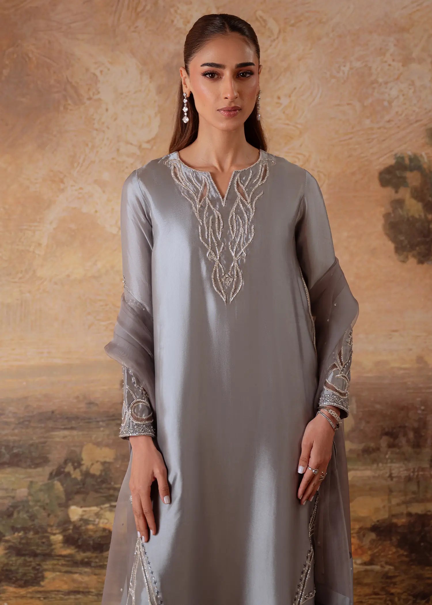 Jade Grey sheesha silk kurta with flame-motif embroidery