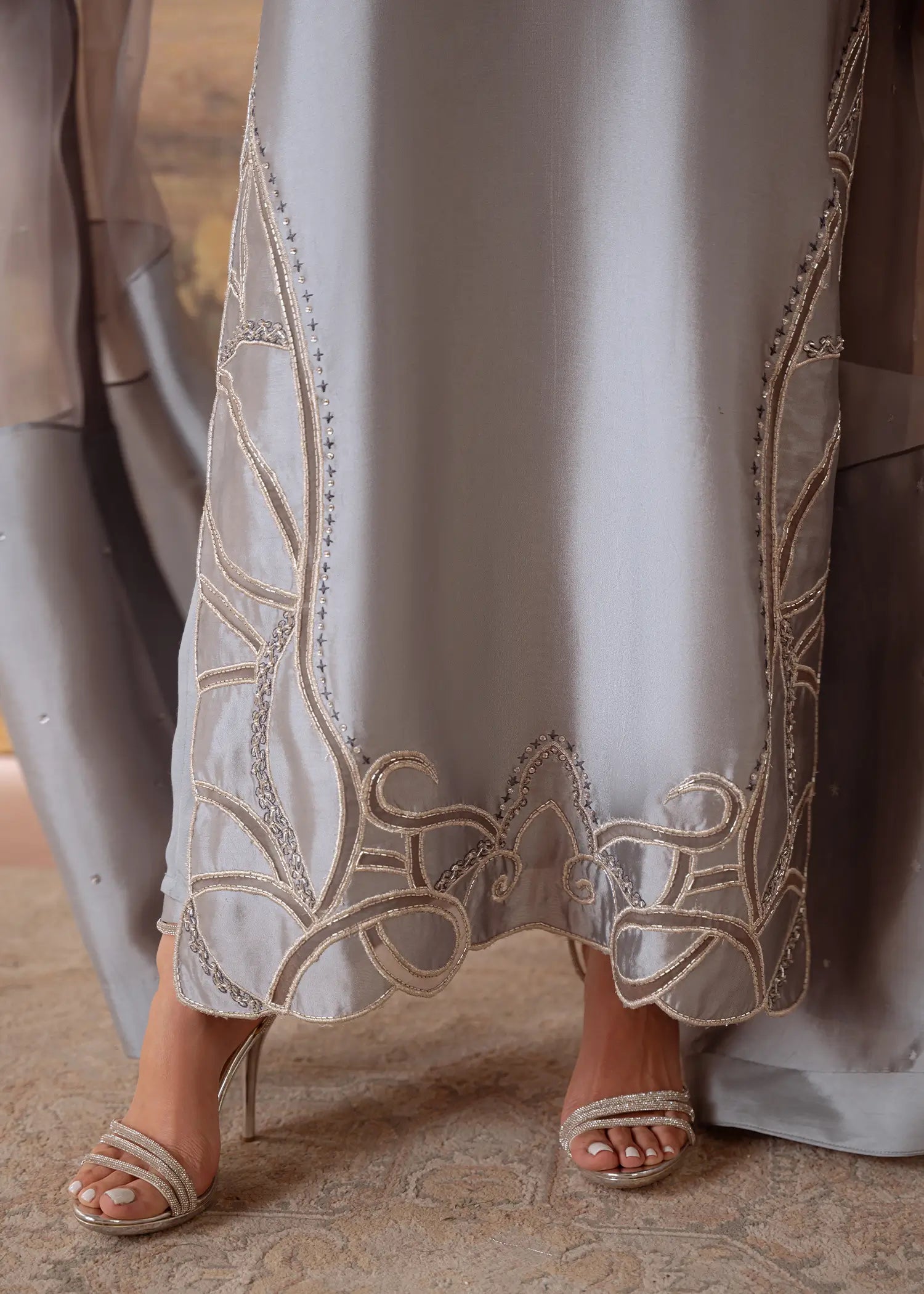Jade Grey sheesha silk kurta with flame-motif embroidery