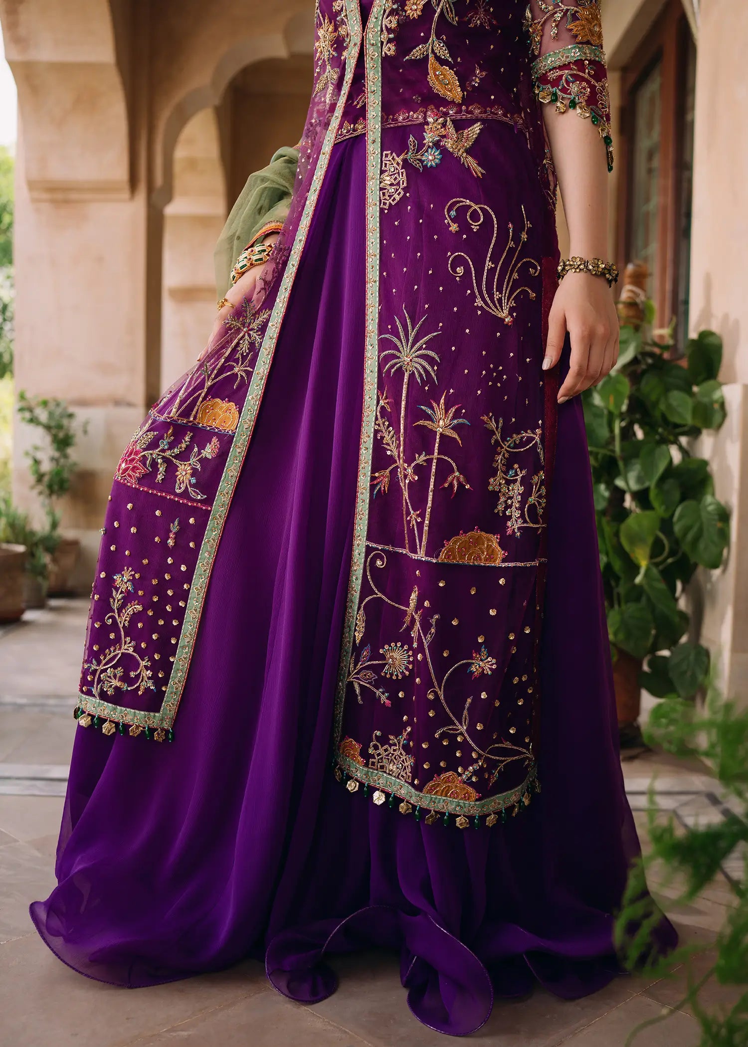 Magenta Zareen net jacket over chiffon lehnga