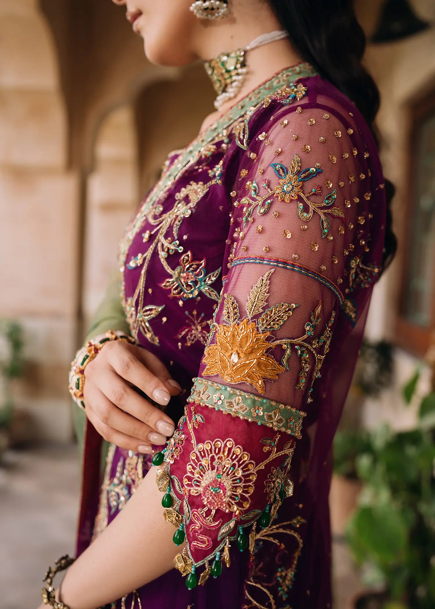 Magenta Zareen net jacket over chiffon lehnga