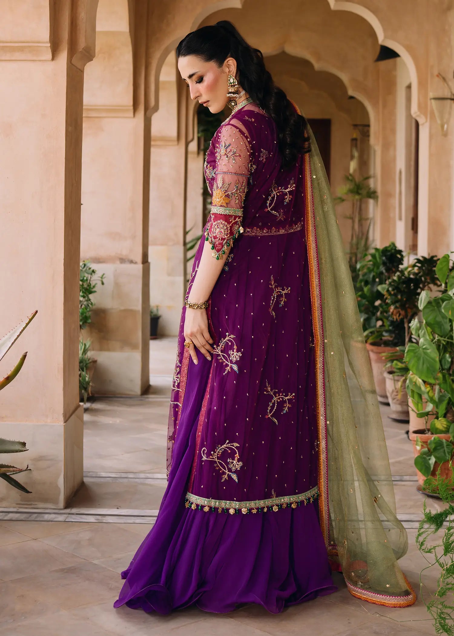 Magenta Zareen net jacket over chiffon lehnga