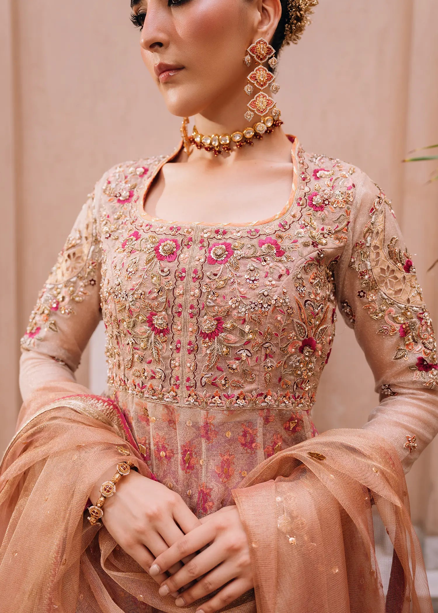 Orchid Pink khaddi net kalidar with jamawar lehnga