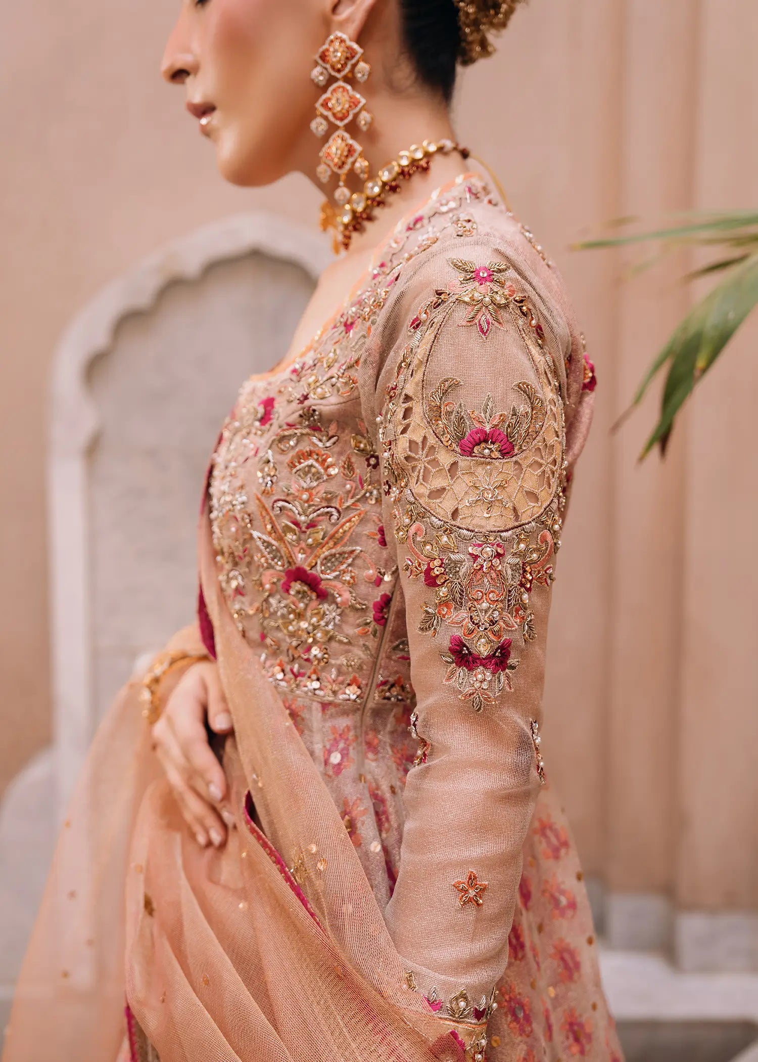 Orchid Pink khaddi net kalidar with jamawar lehnga