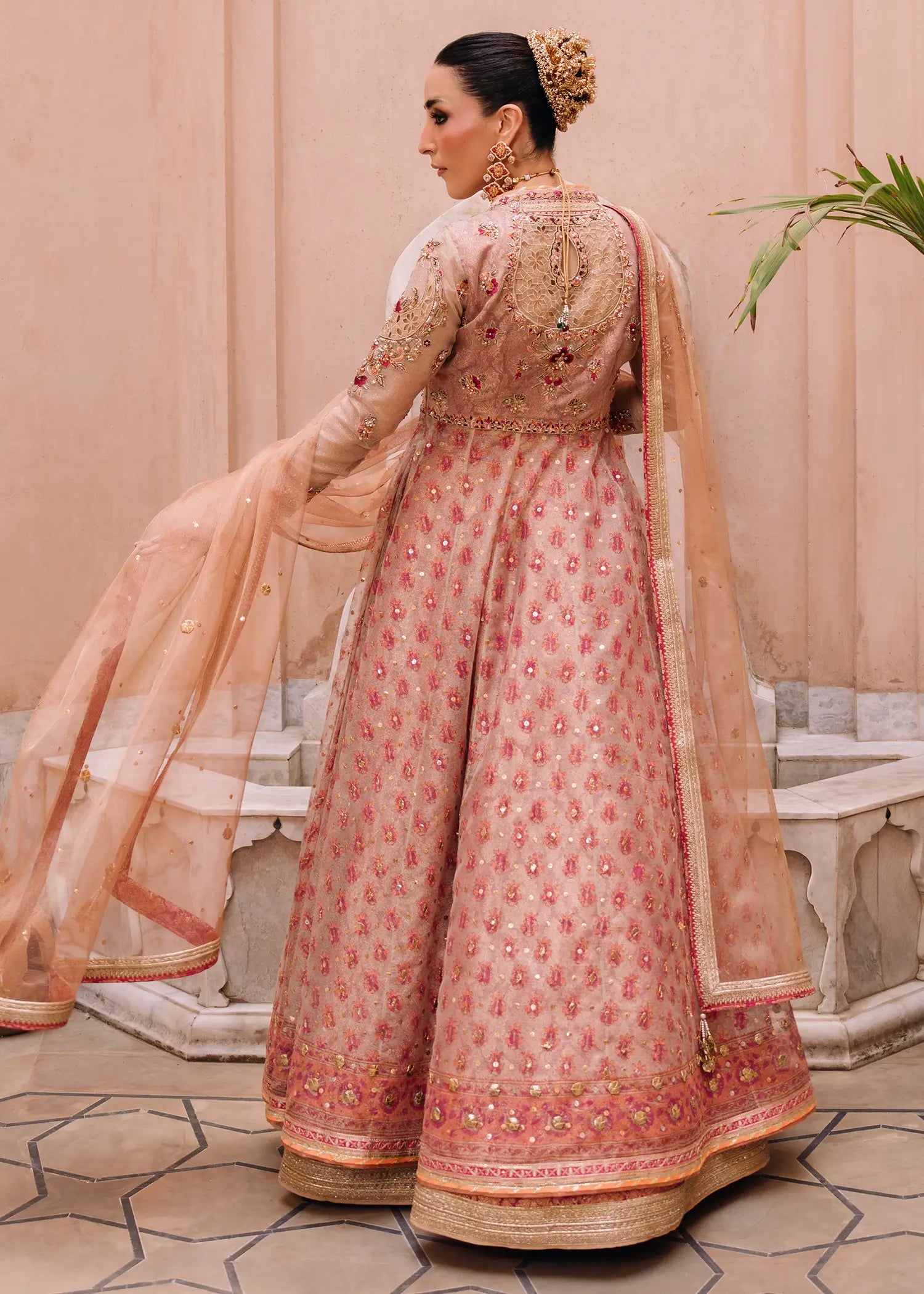 Orchid Pink khaddi net kalidar with jamawar lehnga