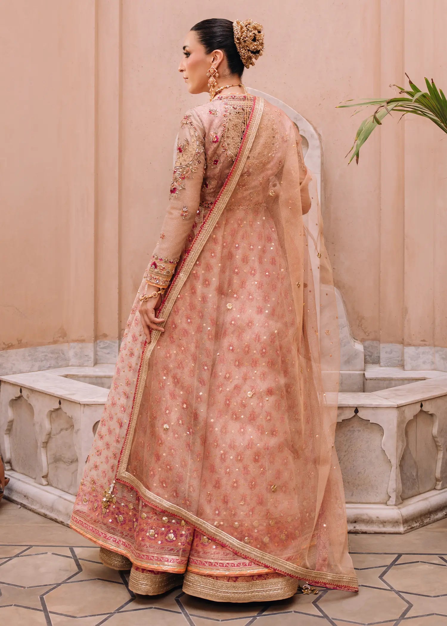 Orchid Pink khaddi net kalidar with jamawar lehnga