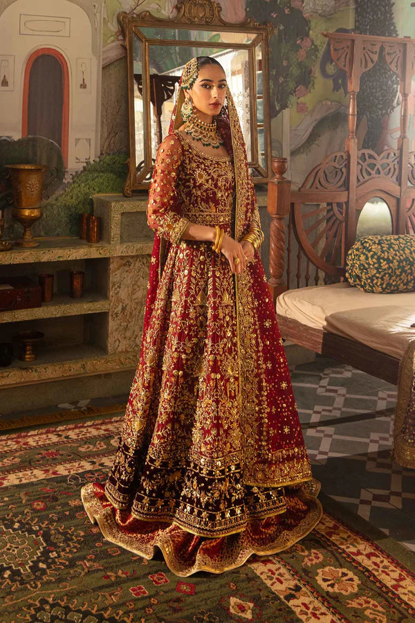 JEEM Red Bridal Pakistani lehenga with net kalidar and jamawar lehenga