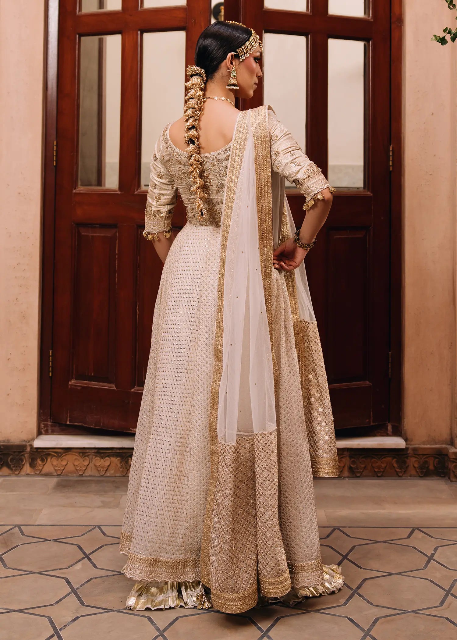 Sitara Kalidar ivory dress with zardozi and block print